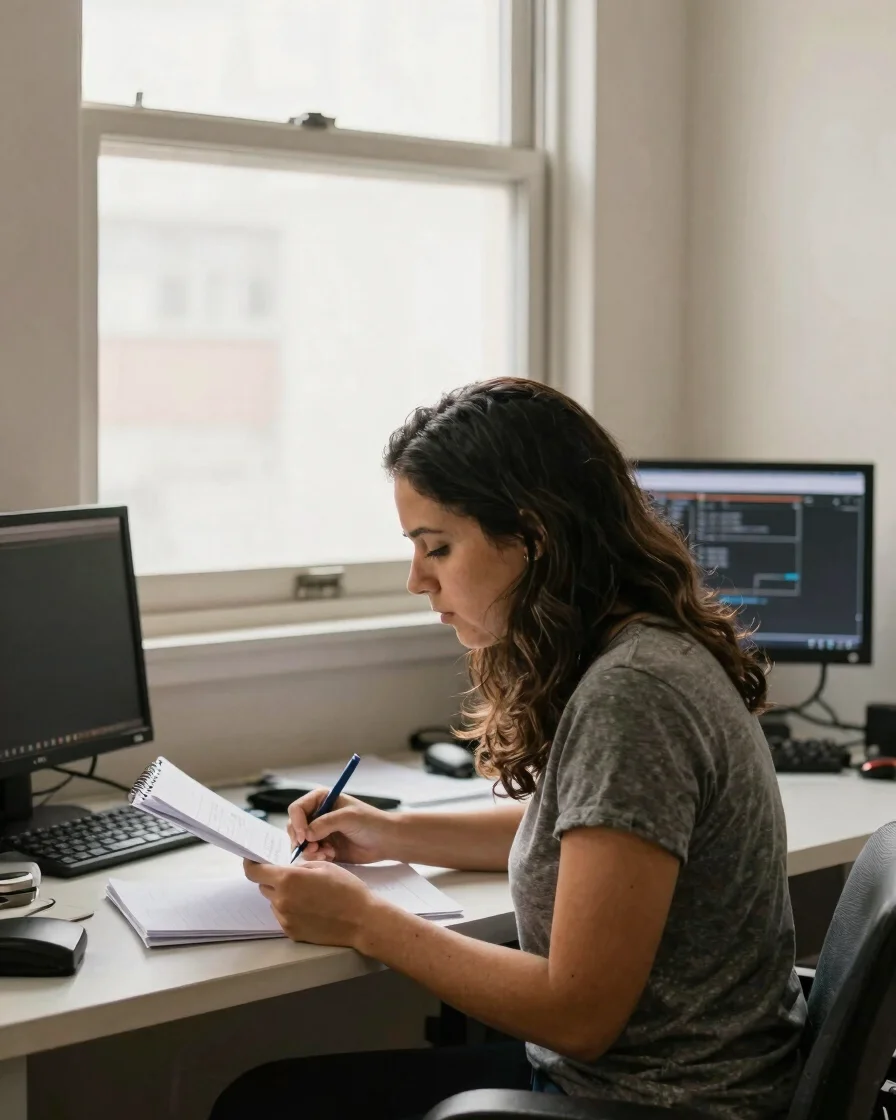 Retrato documental de empreendedora revisando anotações e uma tela de computador em pequeno escritório, luz natural de j