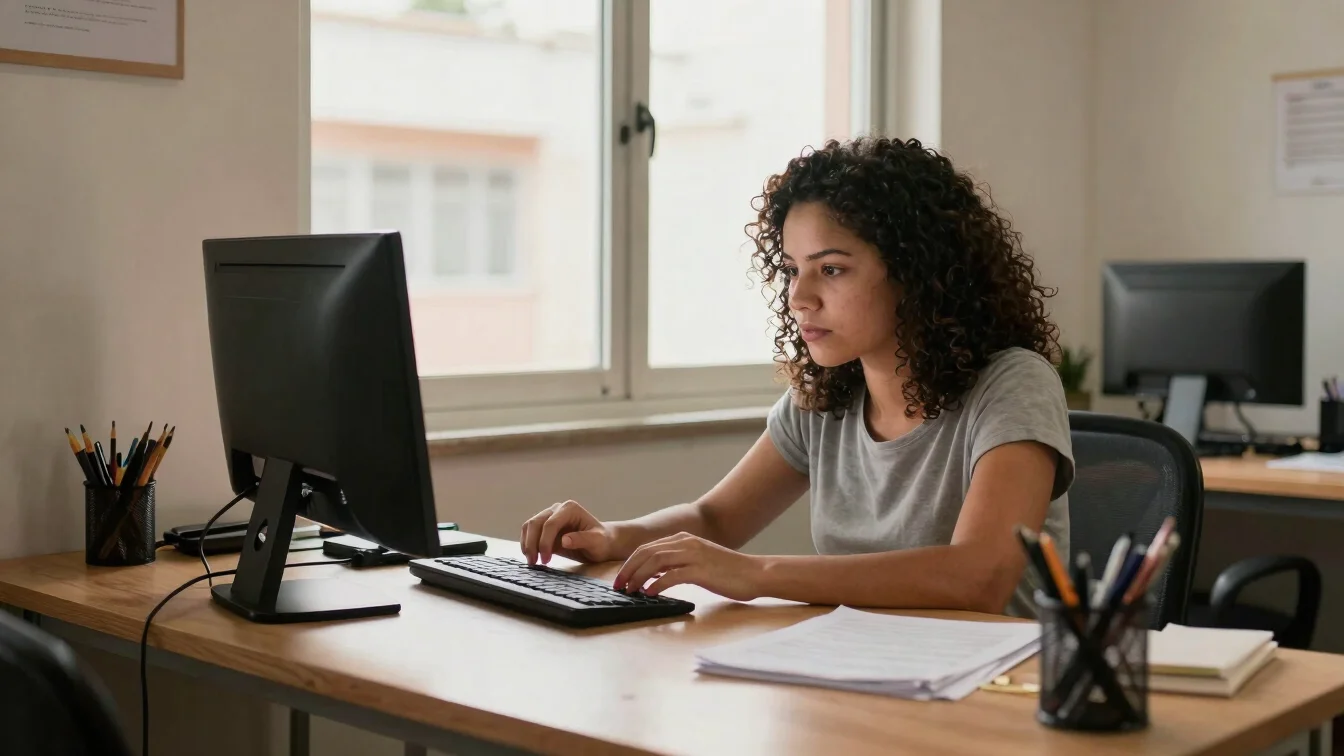 Dona de pequena oficina escrevendo em um computador portátil sobre a bancada, luz natural suave, ambiente de trabalho re