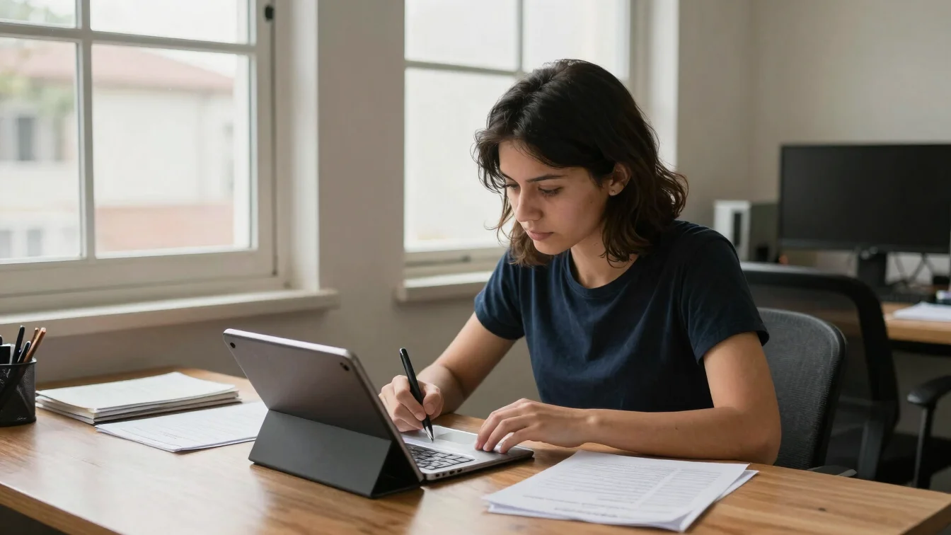 Equipe pequena de escritório revisando uma lista de tarefas em um tablet sobre uma mesa de madeira, luz de janela, clima